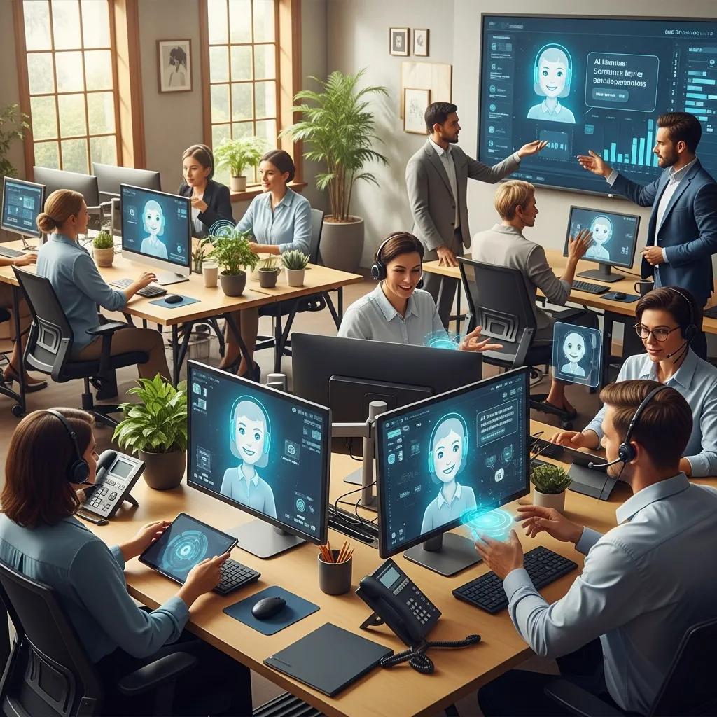 Diverse professionals engaging with AI technology in a customer service setting